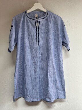 H.S. Paris Womens Blue Striped Embroidered Cotton Tunic Top Medium Summer New